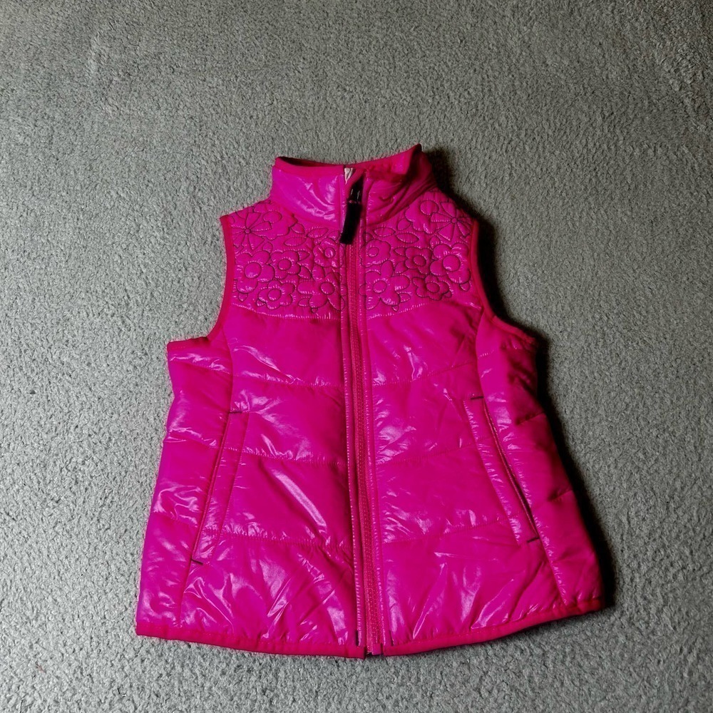 Lands' End Vest Girls Medium (5-6) Pink Lightweight Floral Stitching Full Zip